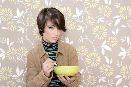 breakfast cereal bowl eating soup dish retro woman vintage wallpaper Stock Photo - Budget Royalty-Free & Subscription, Code: 400-04811947