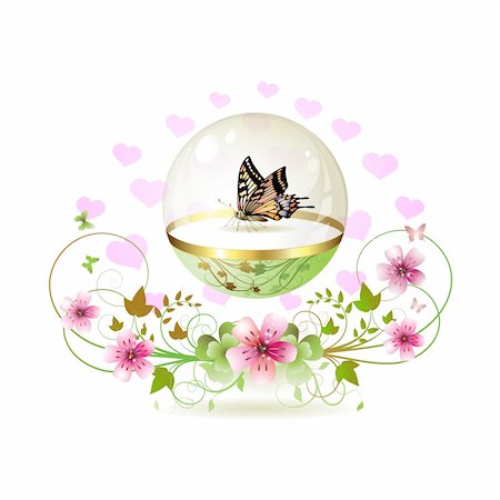 Butterfly isolated in glass globe with decorated hearts and flowers Stock Photo - Budget Royalty-Free & Subscription, Code: 400-04812162
