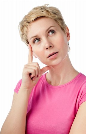 beautiful short haired blonde woman thinking with hand at her face, looking up, isolated on white background Fotografie stock - Microstock e Abbonamento, Codice: 400-04824247