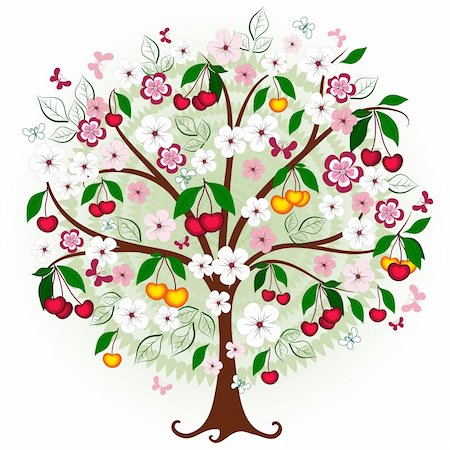 simsearch:400-04239996,k - Decorative cherry tree with flowers, berries and butterflies (vector) Photographie de stock - Aubaine LD & Abonnement, Code: 400-04824510