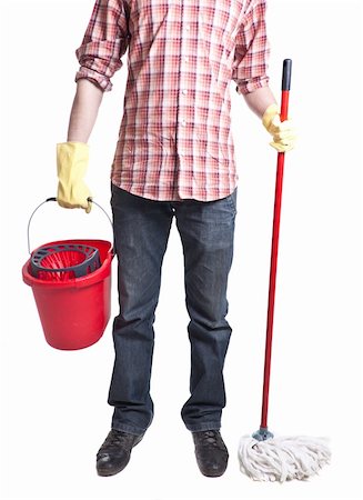 man holding a bucket and mop isolaetd on white Stock Photo - Budget Royalty-Free & Subscription, Code: 400-04825368