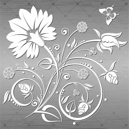 elegant white flower sillouette - Floral Background with butterfly on a metal plate, element for design, vector illustration Stock Photo - Budget Royalty-Free & Subscription, Code: 400-04825465