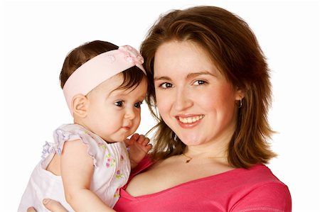 Mother holding 8 month baby girl isolated on white Stockbilder - Microstock & Abonnement, Bildnummer: 400-04820325