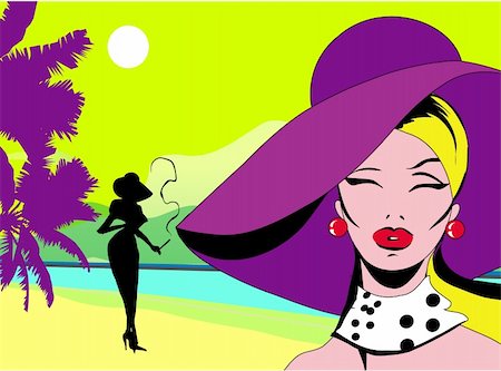 retro pin up girls - The glamour lady on big violet hat at seacoast Photographie de stock - Aubaine LD & Abonnement, Code: 400-04820694