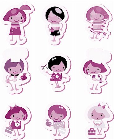 silhouette girl with umbrella - Happy kids icons sticker set cook study relax play purple fake paper tag label Stock Photo - Budget Royalty-Free & Subscription, Code: 400-04820992