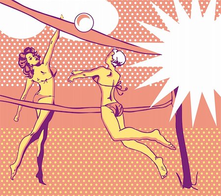 Popart Comic Sport advertising background banner Summer beach sport woman jump Stock Photo - Budget Royalty-Free & Subscription, Code: 400-04821069