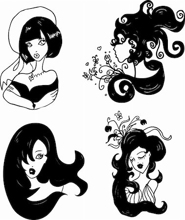 Tattoo silhouette portrait beautiful woman vector set of 4 closeup girls Stock Photo - Budget Royalty-Free & Subscription, Code: 400-04821114