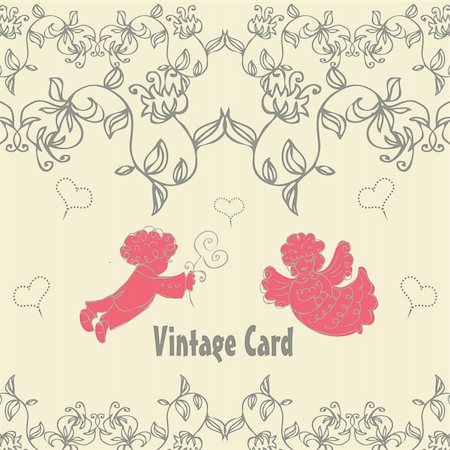 retro man woman gift - Vintage vector illustration with couple angels in love floral Stock Photo - Budget Royalty-Free & Subscription, Code: 400-04821180
