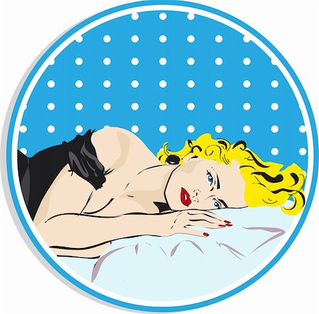 Beautiful blond woman face with red lips and nails on the black dress sleeping on bed.Relaxing in popart retro style sticker, label, tag Stock Photo - Budget Royalty-Free & Subscription, Code: 400-04821606