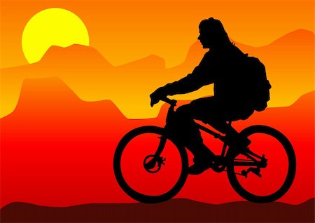 simsearch:400-05225597,k - Vector drawing silhouette of a cyclist boy in mountain Fotografie stock - Microstock e Abbonamento, Codice: 400-04822994