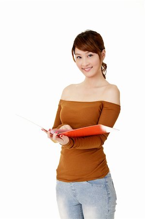 elegant asian woman reading - Young business woman reading paper and looking at you, closeup portrait on white background. Stock Photo - Budget Royalty-Free & Subscription, Code: 400-04823397