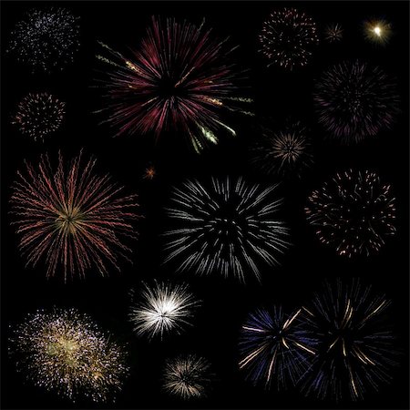 sparking light in sky - Collection of different firework bursts isolated on black background Stock Photo - Budget Royalty-Free & Subscription, Code: 400-04823436