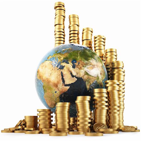 saving world - globe with twisted diagram of golden coins isolated on white. with clipping path. Photographie de stock - Aubaine LD & Abonnement, Code: 400-04823579