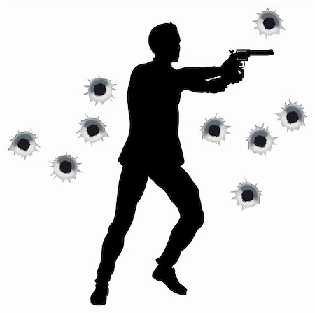 Action hero standing and shooting in film style shoot out action sequence. With bullet holes. Stock Photo - Budget Royalty-Free & Subscription, Code: 400-04834175