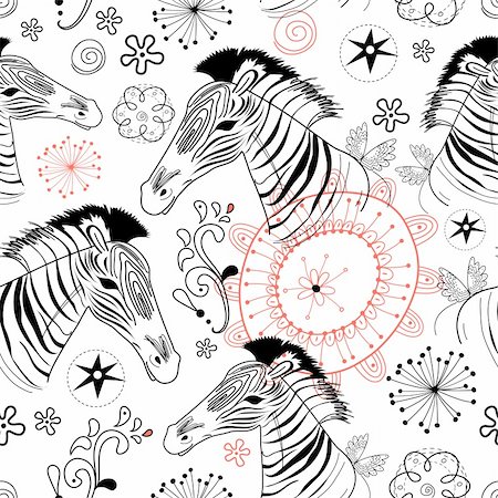 seamless pattern of graphic zebra and flowers on a white background Stock Photo - Budget Royalty-Free & Subscription, Code: 400-04834486