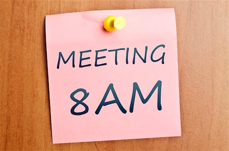 simsearch:400-04835143,k - Meeting at  8AM word  post it on wooden wall Stock Photo - Budget Royalty-Free & Subscription, Code: 400-04835155