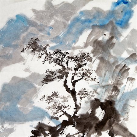 Chinese painting of traditional ink artwork of landscape with mountains and pine tree. Stock Photo - Budget Royalty-Free & Subscription, Code: 400-04835252