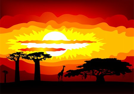Abstract illustration of the sunset in Africa - vector. This file is vector, can be scaled to any size without loss of quality. Stock Photo - Budget Royalty-Free & Subscription, Code: 400-04836150