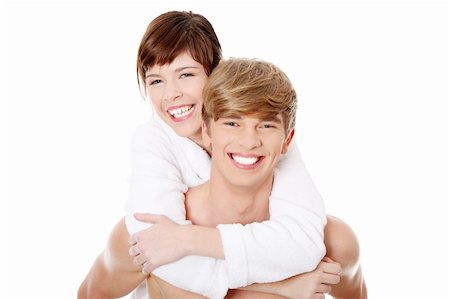 Young couple at bathroom. Isolated on white. Stock Photo - Budget Royalty-Free & Subscription, Code: 400-04836296