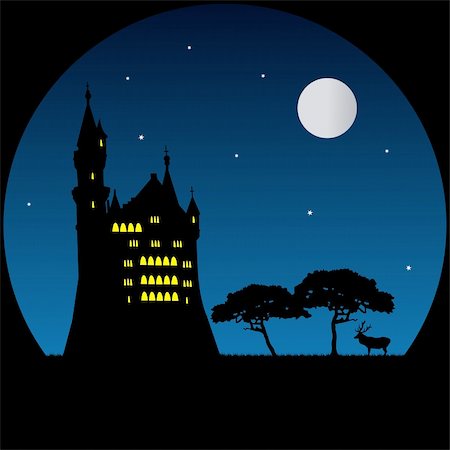 Illustration of Old castle and deer in moonlight Stock Photo - Budget Royalty-Free & Subscription, Code: 400-04836536