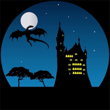 Illustration of Old castle and dragon in moonlight Stockbilder - Microstock & Abonnement, Bildnummer: 400-04836537