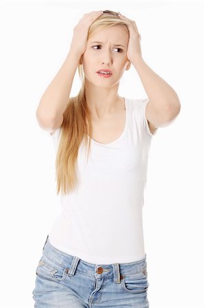 simsearch:400-07485414,k - Woman with headache holding her hand to the head, isolated on white Fotografie stock - Microstock e Abbonamento, Codice: 400-04836709