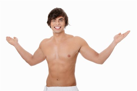 dry body towel - Handsome, happy young man with the towel around his waist. Isolated on white Stock Photo - Budget Royalty-Free & Subscription, Code: 400-04836703