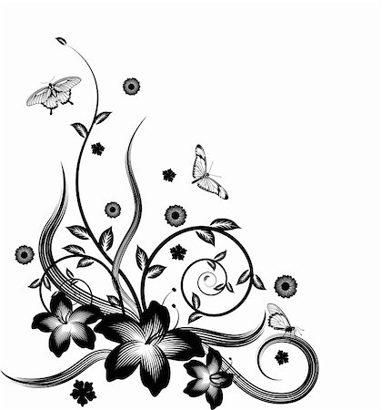 flower decoration white and black - A gorgeous single colour  silhouette corner flower design with butterflies. Stock Photo - Budget Royalty-Free & Subscription, Code: 400-04838877