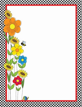 A black and white checkered border featuring a spring garden with a bee and a snail Stock Photo - Budget Royalty-Free & Subscription, Code: 400-04838982