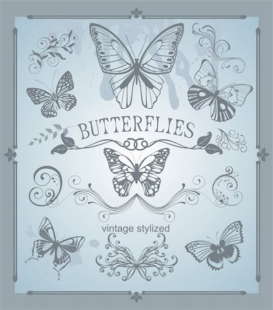simsearch:400-08836820,k - Set of vintage stylized butterflies and design elements Photographie de stock - Aubaine LD & Abonnement, Code: 400-04839305