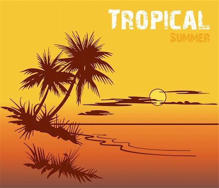 stencil - Sunset. Tropical beach. Palms. Vector art illustration Foto de stock - Super Valor sin royalties y Suscripción, Código: 400-04839553