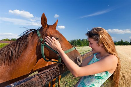 horse and blond girl in paddock on summers day Stockbilder - Microstock & Abonnement, Bildnummer: 400-04831358