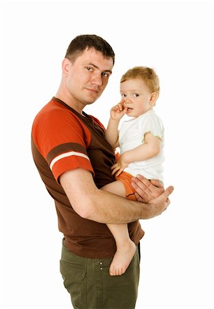 Happy Father holding toddler son isolated on white Stockbilder - Microstock & Abonnement, Bildnummer: 400-04832582