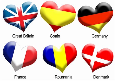 Buttons flag heart shape of Great Britain,Germany, Spain, France, Roumania, Denmark - vector illustration Stock Photo - Budget Royalty-Free & Subscription, Code: 400-04832606