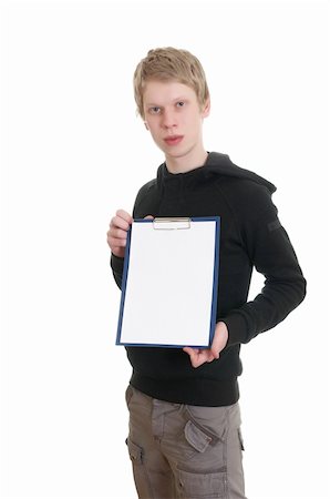 a young man holds a clipboard isolated on white Stock Photo - Budget Royalty-Free & Subscription, Code: 400-04833536