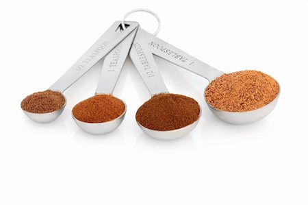 Spice selection of allspice, cinnamon, clove and nutmeg in stainless steel measuring spoons isolated over white background. Stock Photo - Budget Royalty-Free & Subscription, Code: 400-04833650