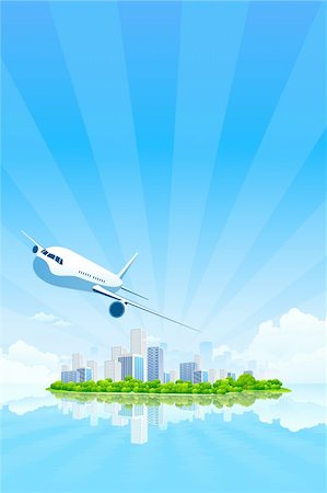 Business City Landscape with clouds water and airplane Stock Photo - Budget Royalty-Free & Subscription, Code: 400-04833674