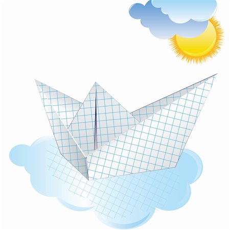 simsearch:400-08774807,k - Boat paper ship with sun and cloud. Origami vector illustration. Fotografie stock - Microstock e Abbonamento, Codice: 400-04833908