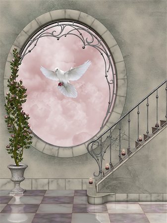 Stairs of a castle and a peace dove is flying Stock Photo - Budget Royalty-Free & Subscription, Code: 400-04844192
