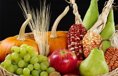 pumpkins apples harvest basket - An autumn basket with apple, pear, grapes, wheat, corn and pumpkins (Selective Focus, Focus on apple, pear and grapes in front) Stock Photo - Budget Royalty-Free & Subscription, Code: 400-04844590