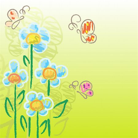 Green background with draw flowers and butterflies Photographie de stock - Aubaine LD & Abonnement, Code: 400-04844630