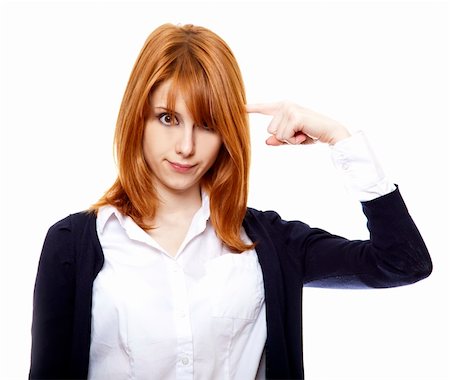 funny office mad - Red-haired girl keep finger near head and show what you are crazy. Stock Photo - Budget Royalty-Free & Subscription, Code: 400-04845536