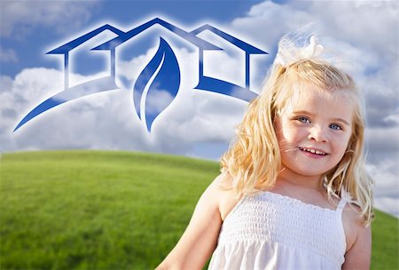 eco friendly home - Adorable Blue Eyed Girl Playing Outside with Ghosted Green House Graphic in The Blue Sky. Foto de stock - Super Valor sin royalties y Suscripción, Código: 400-04846282