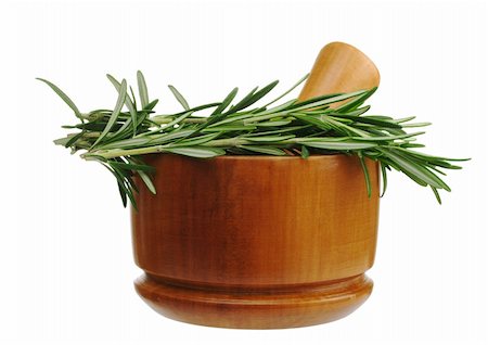 rosemary sprig - The kitchen herb rosemary with a wooden mortar isolated on white Stock Photo - Budget Royalty-Free & Subscription, Code: 400-04846753
