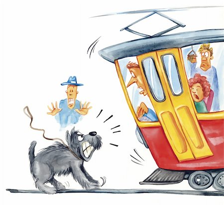 dog fear surprise - humorous illustration of dog attacking the tram Stock Photo - Budget Royalty-Free & Subscription, Code: 400-04847403