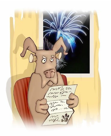 pointer dogs sitting - humorous illustration of disgusted dog and fireworks Stock Photo - Budget Royalty-Free & Subscription, Code: 400-04847662
