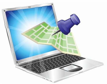 A road or city map flying out of a laptop computer. Concept or icon for map app or internet website with maps or other GPS related. Stock Photo - Budget Royalty-Free & Subscription, Code: 400-04847923