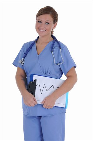 A attractive female nurse with a friendly smile standing holding a clipboard, isolated on a solid white background. Stock Photo - Budget Royalty-Free & Subscription, Code: 400-04848006