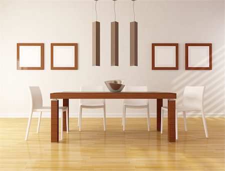 simsearch:400-04196177,k - elegant dining room with wooden table and white chair - rendering Foto de stock - Super Valor sin royalties y Suscripción, Código: 400-04848067