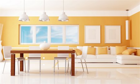 simsearch:400-07420295,k - orange dining room with angle sofa - rendering Stockbilder - Microstock & Abonnement, Bildnummer: 400-04848072